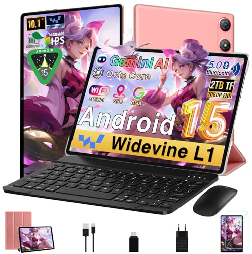 Tablette 10 Pouces Android 15 avec Gemini AI, 64GO ROM (2TO TF),Octa-Core,5G WiFi, 400g Format Portable,Widevine L1,GMS,GPS, BT 5.0,Autonomie Prolongée,5MP+8MP,Tablette avec Clavier+Souris et Cas-Rose