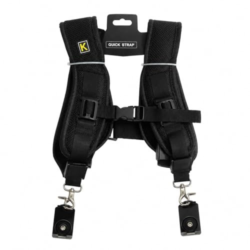 Dual Camera Shoulder Harness Strap for 2 DSLR & Mirrorless Cameras, Adjustable Padded Quick-Release Double Camera Sling Belt, Universal Nylon Body Strap for Photographers, Black