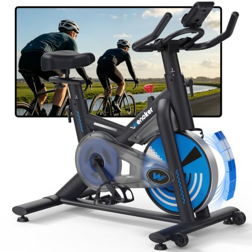 WENOKER Cyclette con app e resistenza regolabile, silenziosa, con display LCD, per interni, ergometro fino a 160 kg, per allenamento cardio, a casa