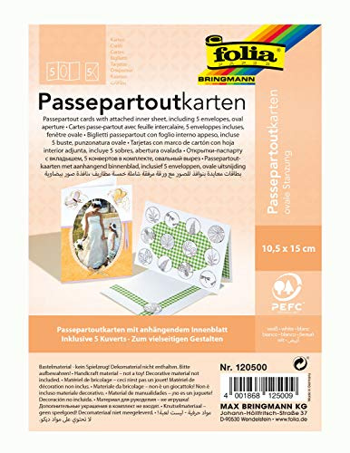 folia 120500 - Passepartouts mit ovaler Stanzung, ca. 10,5 x 15 cm, 5 Karten (220 g/qm) und Kuverts, weiß - ideal für Einladungen, Glückwunsch- oder Grußkarten