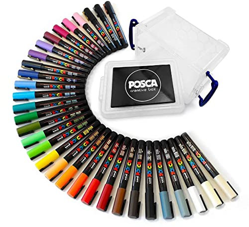 POSCA PC-3M Marker Pen Set, schreibt auf jeder Oberfläche – Glas, Metall, Holz, Kunststoff, Stoff 1 von jeder Farbe – 32 Stifte