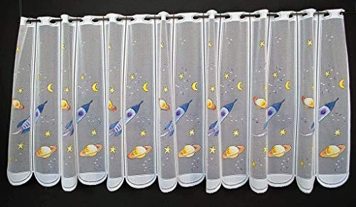 frankgardinen Scheibengardine Kinder Rakete Weltraum 60 cm hoch weiß blau gelb - Wunschbreite frei wählbar durch gekaufte Menge in 22,5 cm Schritten - Meterware