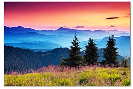120x80cm - Fotodruck auf Leinwand und Rahmen Berge Wald Landschaft Morgenrot Natur - Leinwandbild auf Keilrahmen modern stilvoll - Bilder und Dekoration