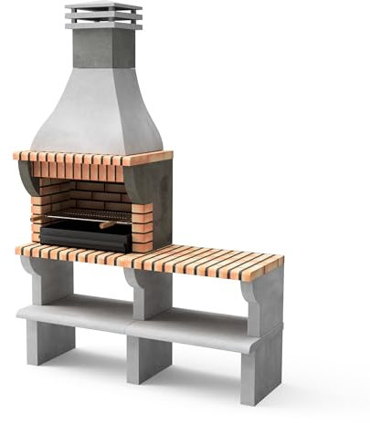 MOVELAR - Barbacoa de Obra Prefabricada de Leña y Carbón Modelo Maipu XL con 1 Soporte Lateral (Gris, Naranja - 165 x 58 x 245 cm) REF: 3535/3 - Cocina de Exterior con Parrilla y Rejilla Metálica