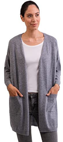 CASH-MERE.CH 100% cachemira larga para mujer, corte recto, chaqueta larga de punto de 2 hilos gris XL