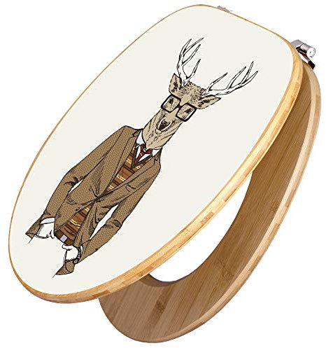 banjado® Design WC Sitz Bambus 44x38x5cm mit Motiv Doktor Hirsch - Toilettendeckel/Toilettensitz Bambus - hochwertiger Bambus Klodeckel/WC-Sitz mit Universal Scharnieren für alle gängigen Toiletten