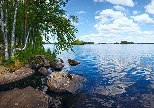 wandmotiv24 Fototapete See mit Ufer, XL 350 x 245 cm - 7 Teile, Wanddeko, Wandbild, Wandtapete, Wasser, Felsen, Bäume M5748