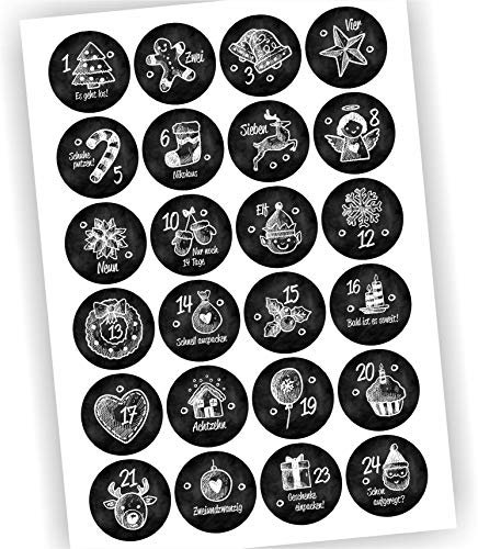24 Aufkleber Adventskalender Zahlen Fest Weihnachten Aufkleber Sticker DIY Schwarz mit Motiven Tafeloptik Vintage DIY #9