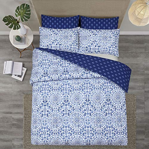 DTEX HOMES Duvet Cover Set 100% Egyptian Cotton Sateen Hotel Quality 220 Thread Count Reversible Printed Pattern Quilt Cover Set With Pillow Cases (Greek Blue, King)