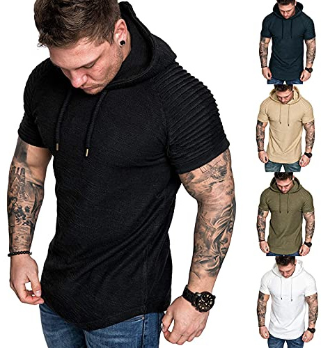 Mens Short Sleeve Hoodie T-Shirt-Casual Sports Hooded Short Top Black L
