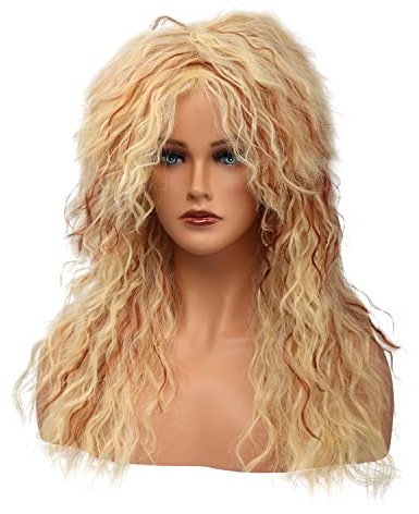 MEIRIYFA Mens Women Wig Cosplay Wig Long Curly Wig 80s Rocker Punk Wig for Halloween Costume (Blonde with Reddish Brown)