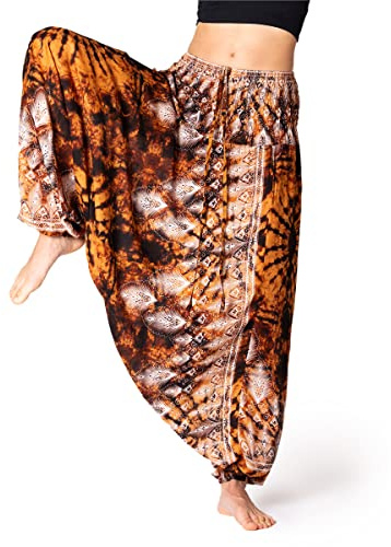 PANASIAM Aladinhose Batik Damen - 2in1 als Haremshose & Jumpsuit tragbar | Yogahose mit tiefem Schritt, GOA Hose, Boho Style, Pumphose als leichte Sommerhose, Sarouelhose, 100% Viskose