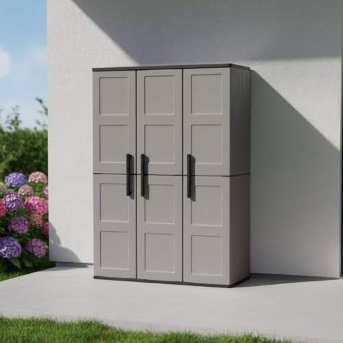 Dmora - Armoire d'extérieur Bilzen, Mobilier d'extérieur, Armoire de balcon polyvalente, 100% Made in Italy, Gris et Noir, Finition à carreaux, 102x37h163 cm