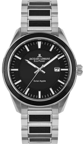 JACQUES LEMANS Herrenuhr, Eco Power Uhren Männer, Chronograph und Armband aus massivem Edelstahl mit Apple-Skin, Herrenuhr großes Ziffernblatt - Suit for Men, Model 1-2116D, Arm Herrenuhr groß