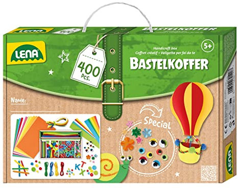 Lena 42713 Bastelkoffer Teile, Material zum Basteln Papier, Moosgummi, Pfeifenreiniger, Wackelaugen, Pompons, Eisstiele, Knöpfe und mehr, für Kinder ab 5 Jahre, 400er Bunt