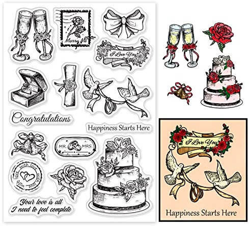 PandaHall Transparenter Stempel Für Hochzeiten Champagner Taube Kuchen Ring Rose Silikon Gummistempel Transparenter Siegelstempel Für Hochzeit Party Einladung Karte Postkarte Album Foto Geschenk