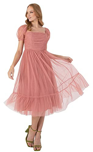 Anaya with Love Damen Dames Midi Jurk Voor Vrouwen Korte Pofte Mouw Vierkante Nek Frilly Voor Bruiloft Guest Prom Bal Even Kleid, Rose, 40 EU
