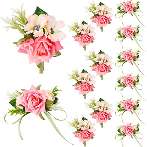12 Stück Boutonniere und Ansteckblume für Hochzeit, Party, Blume, Handgelenk, Korsagen mit Pins für Männer, Frauen, Bräutigam, Braut, Trauzeugen, Abschlussball, Abendessen, Dekoration (rosa)