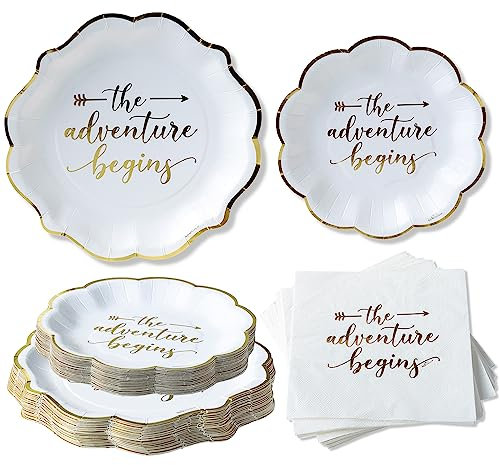 Kate Aspen The Adventure Begins 72 Piece Classic & Elegant Paper Party Tableware Set (24 Guests), Party Supplies, Wedding Decor for Bridal Showers, Engagements and Receptions
