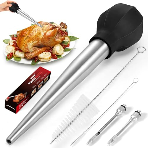 SCHVUBENR Large Turkey Baster with Cleaning Brush & Needle - Stainless Steel Baster Tool for Cooking - Easy to Use and Clean - Heavy Duty Baster Syringe - Thanksgiving, Christmas Essentials - Black