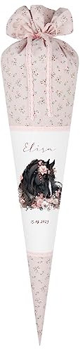 Manufaktur Liebevoll - Pferde und Pony Schultüte aus Stoff zur Einschulung | Zuckertüte mit Namen u. Datum | Einschulungstüte | Handgenähte Stoffschultüte als Geschenkidee zum Schulanfang für Mädchen