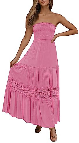 Strandkleid Damen Sommer - Bandeau Kleid Lang Schulterfreies Sommerkleid Sexy Trägerlos Off Shoulder Rückenfrei Spitzenbesatz Maxikleid Swing A Line Langes Kleider Boho Kleid Partykleid