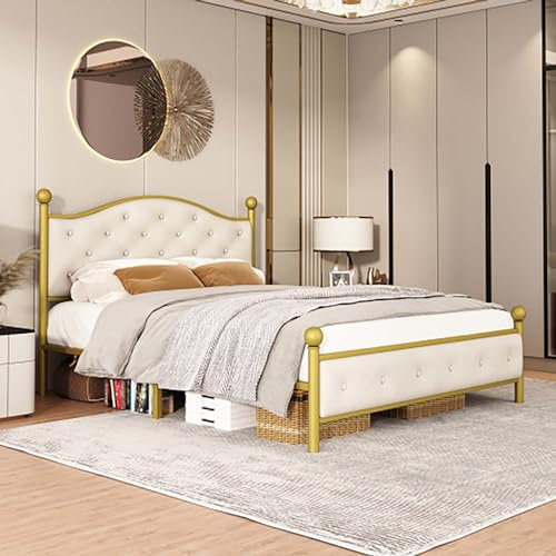 Doppelbetten Metallbetten mit Lattenrosten mit Kopf- und Fußteilen Jugendbetten Gästezimmerbetten Stauraum unter dem Bett 140x200cm, golden