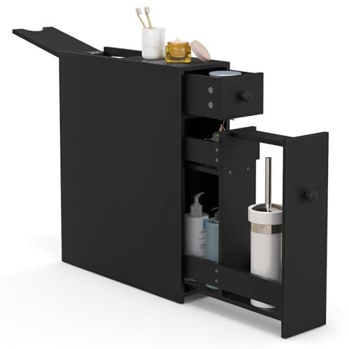 KOMFOTTEU Meuble de Rangement étroite avec 2 Tiroirs, Armoire de Stockage Gain de Place, idéal pour Eapace étroit, Colonne de Salle de Bain, pour Cuisine, Bureau, Toilettes, 48 x 16 x 58 cm (Noir)