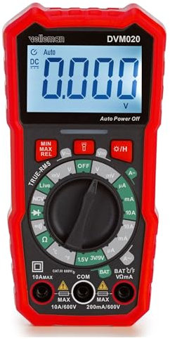 Velleman Digital-Multimeter, Datenhaltefunktion, für Gleich-/Wechselstrom, Gleich-/Wechselspannung, Widerstand, Batteriespannung, Durchgang, Temperatur, Messspitzen
