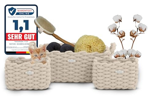 MAYSON® Aufbewahrungskorb aus Baumwolle - Modernes Design - Gemütliche Aufbewahrung für Badezimmer, Kinderzimmer und Wohnzimmer - 3er Pack - Grau/Beige (Beige)