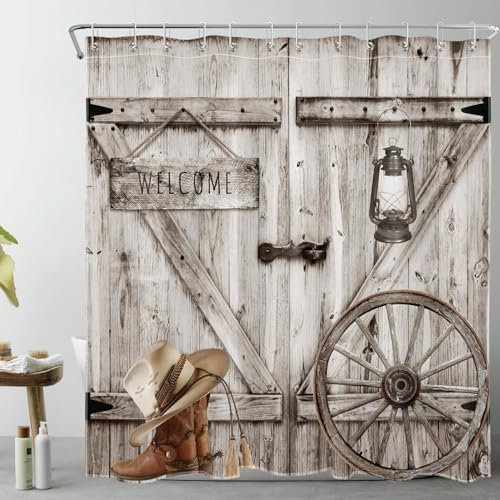 LB Scheunentür Duschvorhang 180x200cm(BxH) Retro-Bauernhaus Antischimmel Wasserdicht Badezimmer Vorhänge, Rustikales Holz Extra Lange Polyester Stoff Bad Vorhang mit Haken