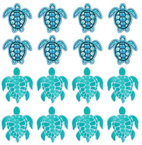 DICOSMETIC 16 Stück 2 Stile Tier Applikationen Polyester Eisenflicken Niedliche Schildkröte Aufnäher Blaue Meeresschildkröte Bestickter Aufnäher Für Hut Tasche DIY Kleidung