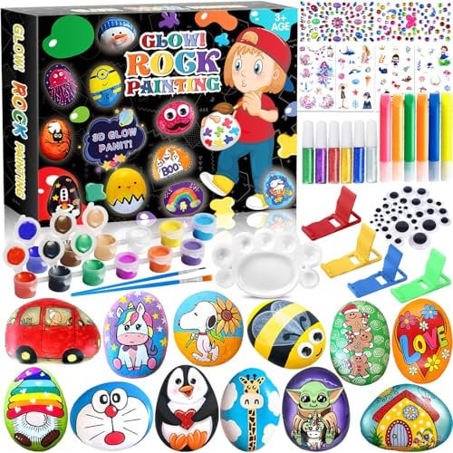 MULEVIP Piedras Para Pintar,Pinturas Creativas con 12 Rocas y 24 Pinturas,Juego de Pintura de Piedras Que Brillan En la Oscuridad,Manualidades Niños,Creativa Kit Pintura Niños de 3 4 5 6 7 8 Años