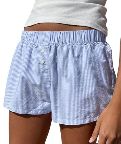 Damen Locker Weich Kariert Pyjama Bottom Shorts Niedlich Home (014 Blue, M)