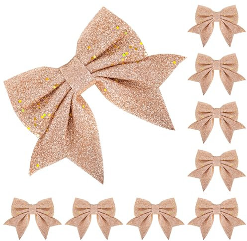 8 Pack Glitter Rose Gold Christmas Bows 15cm Wide for Tree Decorations, Garland, Gift Wrapping, Crafting, Ornaments, Xmas Wreath and Supplies