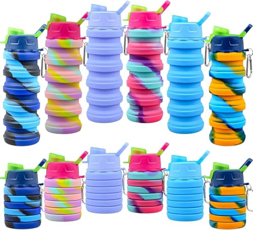 12 botellas de agua plegables de 500 ml, botellas de agua plegables portátiles de silicona a prueba de fugas, botella de agua reutilizable para deportes con clip de metal para camping, senderismo,
