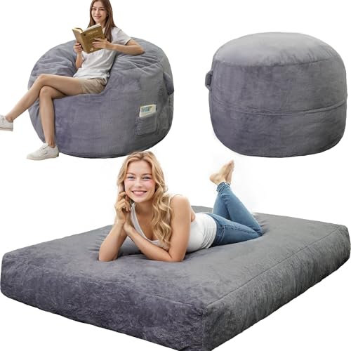 LFCREATOR Giant Bean Bag Chair for Adults, Faux Fur Bean Bag Chair Bed with Mattress Bed Use, Convertible Bean Bag Sofa Bed with Filler Included for Living Room,Bedroom, Dark Gray.Large-Sized