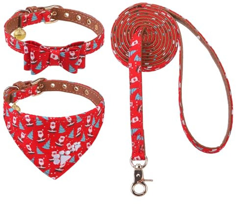 EXPAWLORER Weihnachts-Hundehalsband und Leine, Set mit Stickerei, Hundehalsband und Hundeleine mit Pfotenabdrücken, Fliege und Bandana, Hundehalsband mit Glöckchen, niedliches Halsband und Leine für