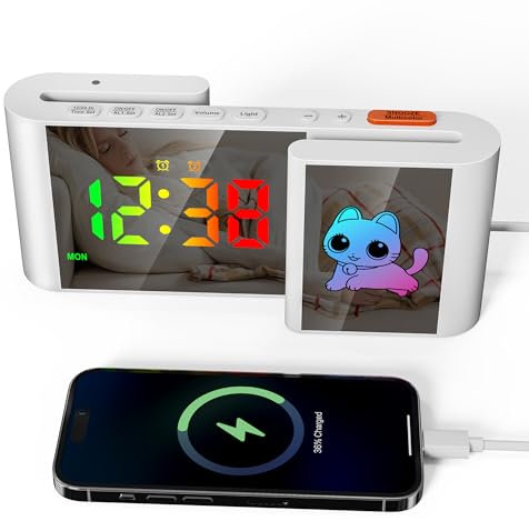 Euakee Wecker Digital, Wecker Kinder mit Niedlicher Katze, S-förmig LED Uhr Digital, 11 Farben Cartoon, Dimmbar, Lautstärke, Schlummer, Nachtlicht für Nachttisch, Schlafzimmer, Room Dekor (Weiß)