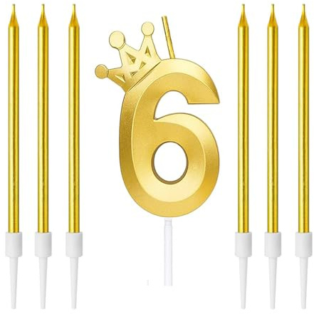 Zwenjuan Geburtstag Kerzen,3D Zahlen Geburtstagskerzen,Anzahl 6 Kerze mit Kronendekor mit 6Pc Langen Kerzen Kerzen Geburtstag,Kerzen Geburtstag Zahl für Kuchen Geburtstag Jahrestag Partys