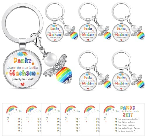 Otuuz 6 Sets Erzieherin Abschiedsgeschenke Geschenk Schlüsselanhänger mit Perlenengel Dankeskarte Umschläge für Lehrer Tagesmutter Kita Kindergarten(Danke für Die Kunterbunte Zeit)