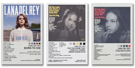 FVLYRWMQX A Set Of 3 Lana Del Poster Rey Music Singer Album Cover Poster Für Zimmer, Ästhetische Leinwand-Wandkunst, Schlafzimmer-Dekor Poster 08x12inch(20x30cm)-3pcs