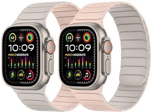 Tasikar Bracelet Magnétique Double Face Compatible avec Apple Watch 49mm 46mm 45mm 44mm 42mm, Bande Sport en Silicone Souple pour iWatch Ultra3 2 1 SE série 11 10 9 8 7 6 5 4 3, Lumière d'étoile-Rose