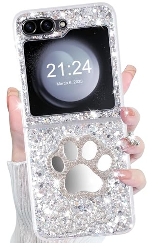 WATACHE Galaxy Z Flip 6 Schutzhülle Glitter Love Paw Mirror Flip Schutzhülle für Samsung Galaxy Z Flip 6 2023 5G für Frauen Mädchen – Paw