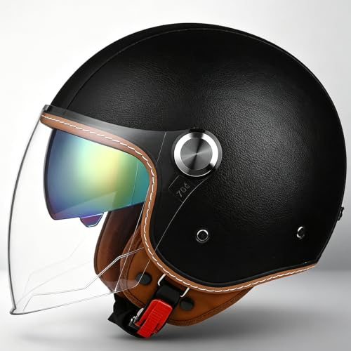Retro Jethelm 3/4 mit Doppelvisier, Motorradhelm DOT/ECE Zertifiziert für Herren und Damen - Ideal für Moped, Mofa, Scooter und Roller, Halbschalenhelm