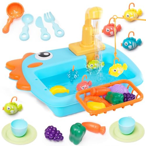 Fregadero Cocina Juguete con Agua Corriente, Circulación Automática del Agua, 2 en 1 Juego de Pesca, Lavavajillas Juguetes, Cocina Juguete Infantil, Juegos de rol Regalo para Niñas y Niños(Azul)