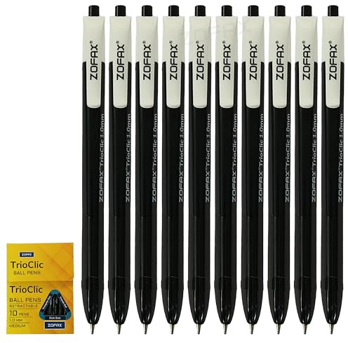 ZOFAX TrioClic Retractable Ballpoint Pens, BLACK, Medium Point (1.0mm), Pack of 50, Smooth Writing, Triangular Grip, Bulk Pack, Perfect for School Office Home Business Hospital Everyday Use