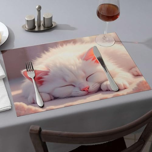 Cucina e sala da pranzo, un soffice gattino bianco che dorme pacificamente tovagliette da pranzo moderne decorazioni per feste occidentali (6 pezzi)