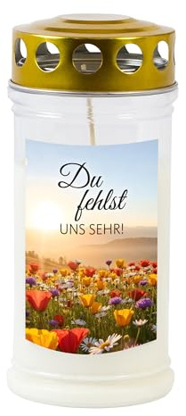 Grabkerze - Gedenkkerze Motiv Du fehlst uns sehr! 70-90 Std. Brenndauer Trauerkerze - Langlebig, 100% Pflanzenöl, Weiß mit Golddeckel TLB