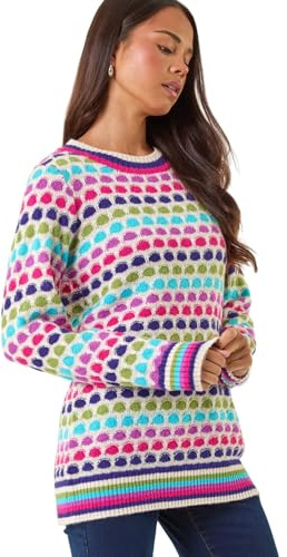 Roman Originals Thick Jumper for Women UK - Ladies Winter Autumn Smart Casual Knit Knitted Knitwear Pull-On Round Crew Neck Long Sleeve Work Office Dinner Party - Petite Abstract Pink - Size 12